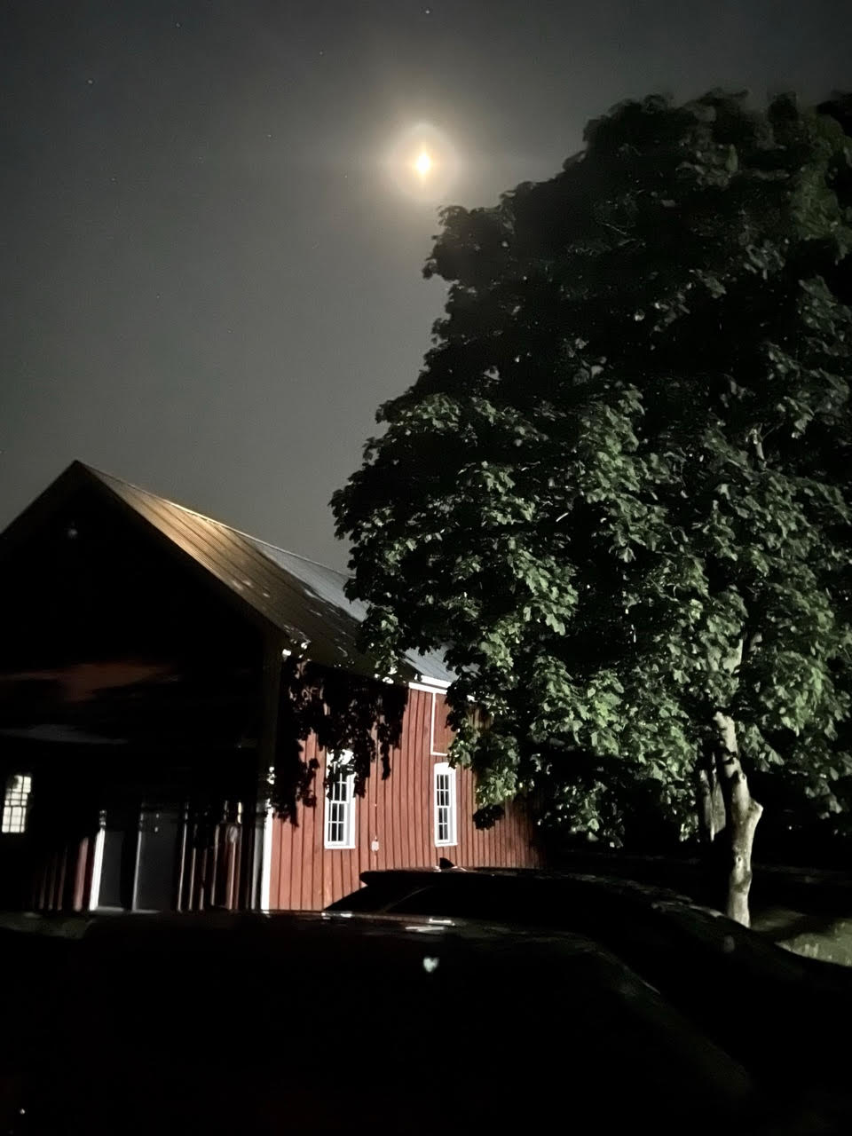 Moon over the "barndo", the barn at the monastery
